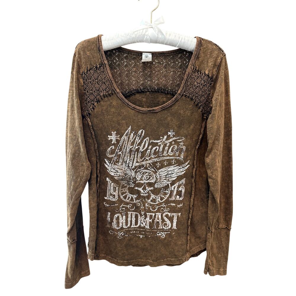 AFFLICTION Women’s XL Brown Rhinestone Lace Graphic Y2K Tattoo Top Grunge
